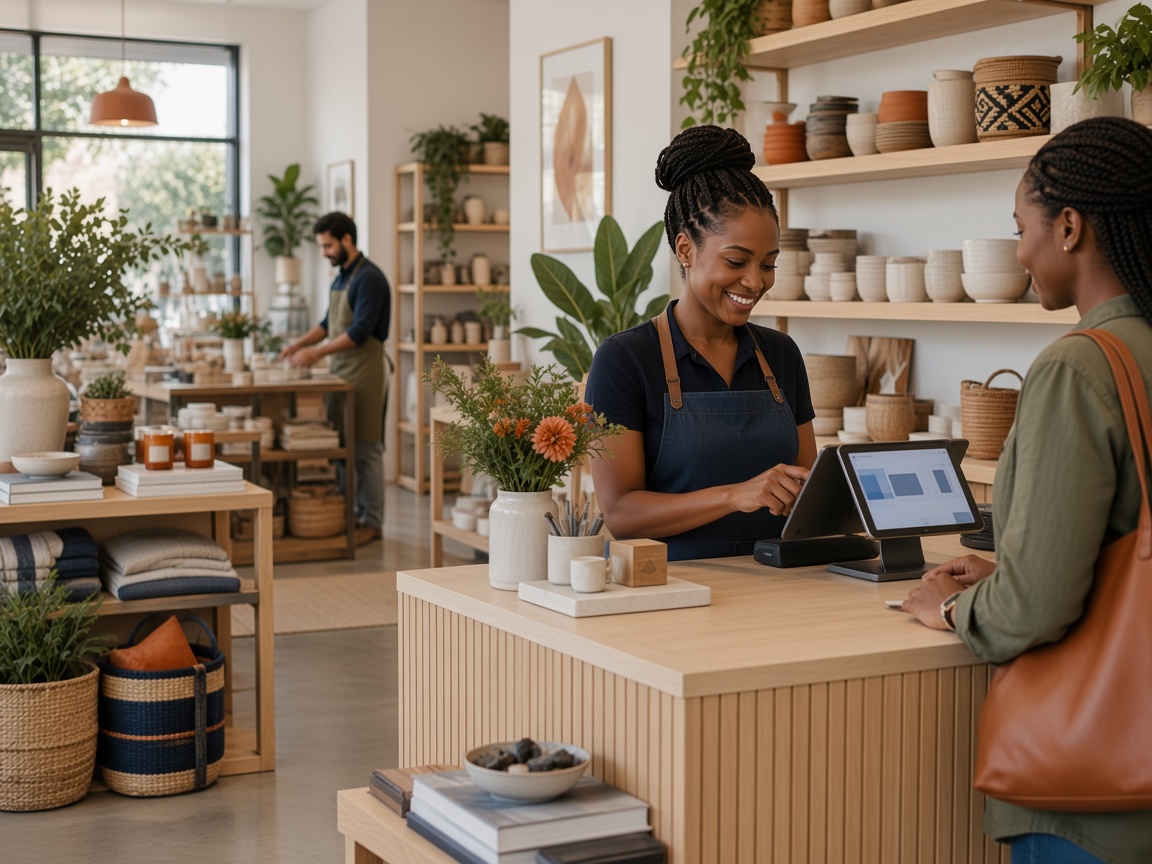 A shop owner serving a customer with a point-of-sale tablet